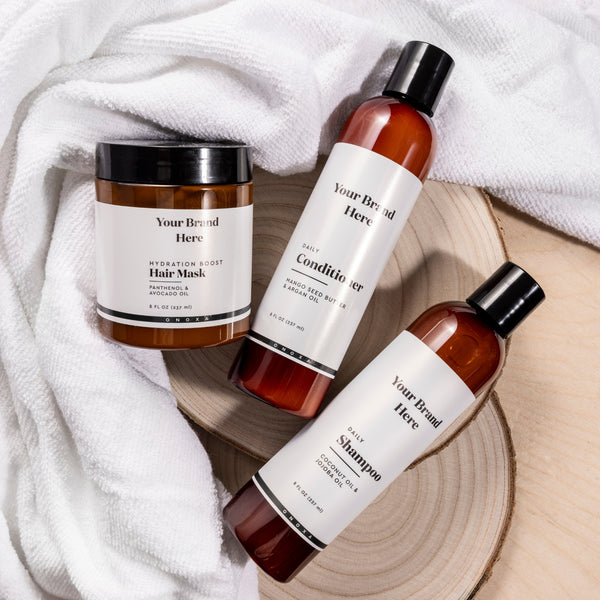 Onoxa's hair care line featuring a hair mask, shampoo and conditioner