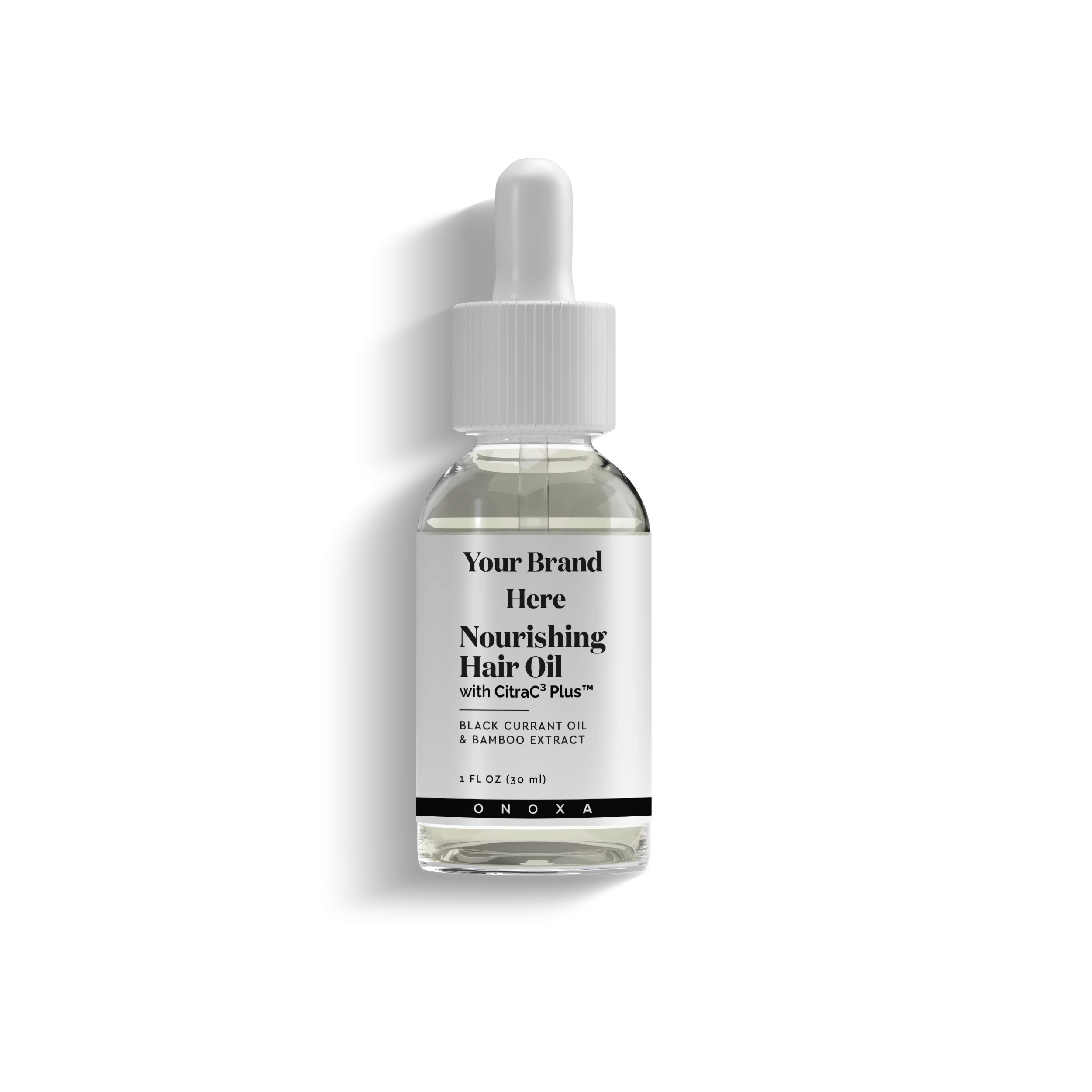 Onoxa Nourishing Hair Oil with CitraC-Plus, black currant oil and bamboo extract in clear 1 fl oz (30 ml) glass dropper bottle